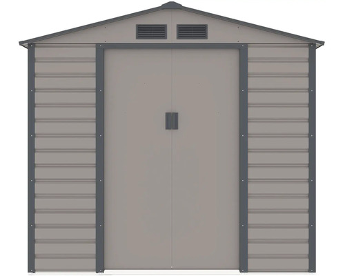 Béžovo-šedý kovový zahradní domek s dvoukřídlými dveřmi, sedlovou střechou a větracími otvory.