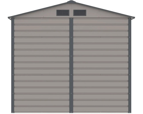 Šedý kovový zahradní domek se sedlovou střechou, vodorovnými panely a větracími otvory.