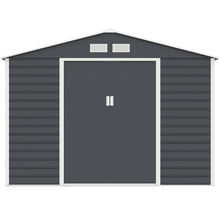 Antracitový kovový zahradní domek se sedlovou střechou, dvojitými posuvnými dveřmi a dvěma větracími otvory.