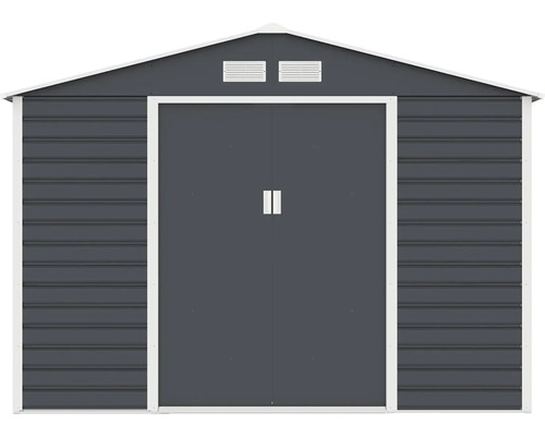 Antracitový kovový zahradní domek se sedlovou střechou, dvojitými posuvnými dveřmi a dvěma větracími otvory.