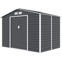 Kovový zahradní domek se sedlovou střechou, posuvnými dveřmi a větracími otvory