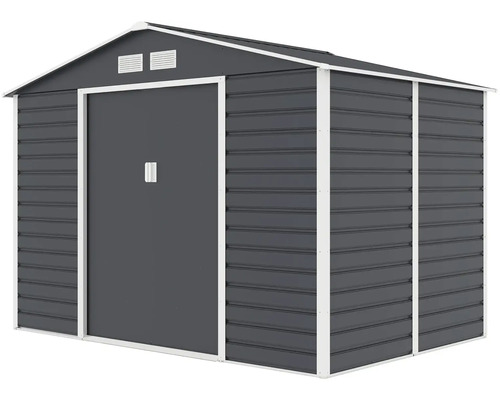 Kovový zahradní domek se sedlovou střechou, posuvnými dveřmi a větracími otvory