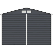 Antracitový kovový zahradní domek se sedlovou střechou, horizontálními panely a větracími mřížkami.