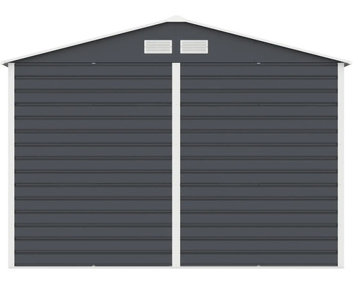 Antracitový kovový zahradní domek se sedlovou střechou, horizontálními panely a větracími mřížkami.