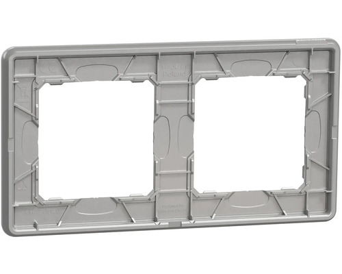 Dvojitý montážní rám z šedého plastu pro vypínače a zásuvky.