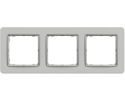 Šedý 3násobný krycí rám pro vypínače a zásuvky, pro vodorovnou nebo svislou montáž.