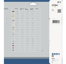 Zadní strana obalu Bosch Professional s tabulkou kompatibility pro různé materiály, bezpečnostními symboly a Bosch Logo.