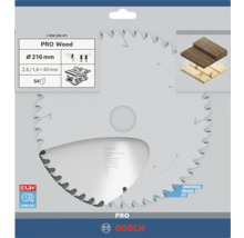 Pilový kotouč Bosch PRO Wood na dřevo, průměr 216 milimetrů, 54 zubů, otvor 30 milimetrů, dlouhá životnost, univerzální použití, Bosch Logo.