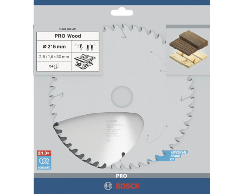 Pilový kotouč Bosch PRO Wood na dřevo, průměr 216 milimetrů, 54 zubů, otvor 30 milimetrů, dlouhá životnost, univerzální použití, Bosch Logo.