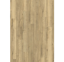 Laminátová podlaha v rustikálním dekoru dubu s výraznou texturou a viditelnými prasklinami.