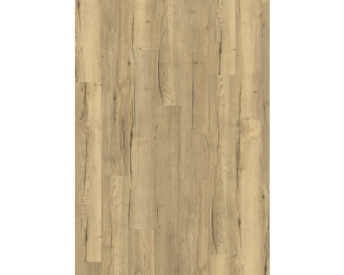 Laminátová podlaha v rustikálním dekoru dubu s výraznou texturou a viditelnými prasklinami.