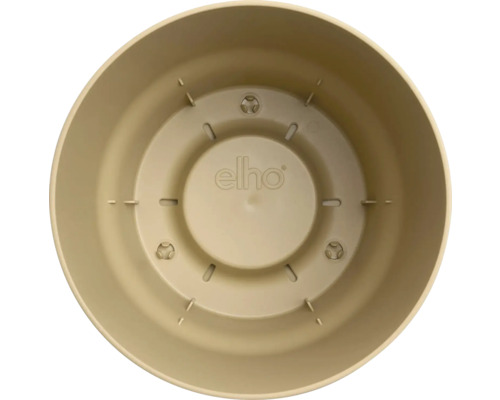 Vnitřní pohled na kulatý plastový květináč s drenážními otvory a elho Logo.