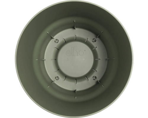 Vnitřní pohled na kulatý plastový květináč s drenážními otvory a elho Logo na dně.