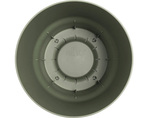 Pohled shora do kulatého, zeleného plastového květináče Elho.