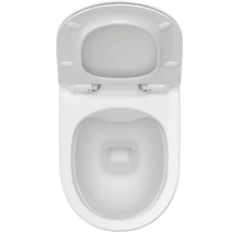 Bílá keramická toaletní mísa s otevřeným víkem a sedátkem, pohled shora.