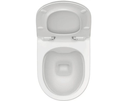 Bílá keramická toaletní mísa s otevřeným víkem a sedátkem, pohled shora.