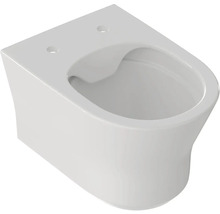 Závěsná toaleta bez splachovacího kruhu z bílé keramiky.