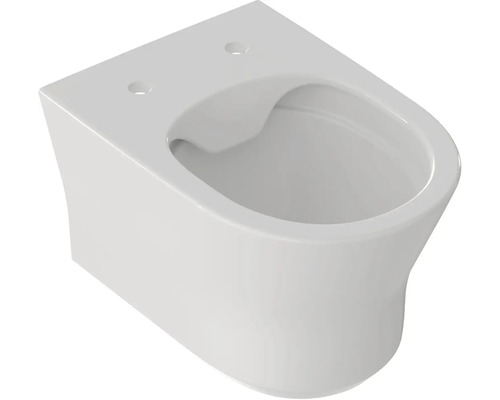 Závěsná toaleta bez splachovacího kruhu z bílé keramiky.