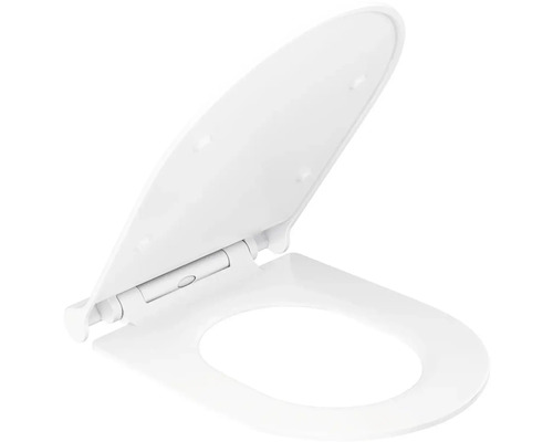 Bílé záchodové sedátko s víkem, otevřené, vyrobené z plastu, s panty.