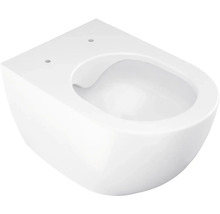 Závěsná toaleta z bílé sanitární keramiky, bez splachovacího okruhu, bez toaletního sedátka.