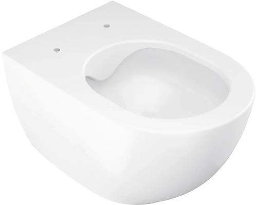 Závěsná toaleta z bílé sanitární keramiky, bez splachovacího okruhu, bez toaletního sedátka.