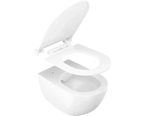 Závěsné WC z bílé keramiky s odnímatelným WC sedátkem a víkem.