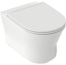 Závěsná toaleta s toaletním sedátkem, bílá, moderní, z keramiky.