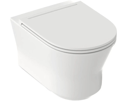 Závěsná toaleta s toaletním sedátkem, bílá, moderní, z keramiky.