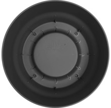 Pohled shora do vnitřku kulatého plastového květináče elho s odtokovými otvory a elho Logo.