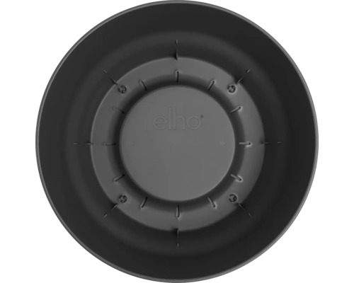 Pohled shora do vnitřku kulatého plastového květináče elho s odtokovými otvory a elho Logo.