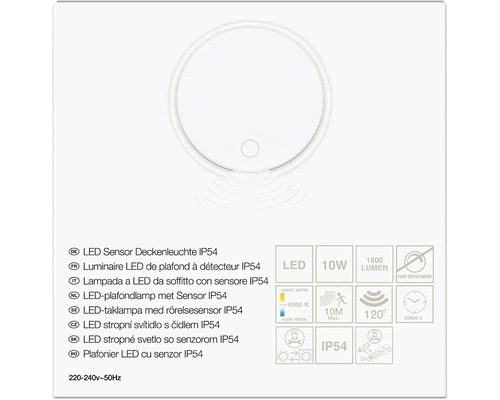 LED stropní svítidlo s čidlem IP54, 10 Wattů, 1800 Lumenů, 4000 Kelvinů, dosah senzoru 10 metrů, úhel 120 stupňů, nestmívatelné.