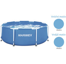 Kulatý Marimex rámový bazén s modrým vnitřním a vnějším motivem.