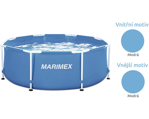 Kulatý Marimex rámový bazén s modrým vnitřním a vnějším motivem.