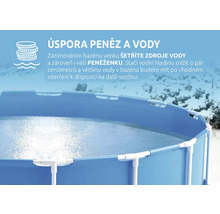 Nadzemní bazén v zimní krajině s informacemi o úspoře vody a peněz při správném zazimování bazénu.