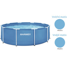 Kulatý bazén s konstrukcí Marimex s modrým vnitřním a vnějším motivem a bílým kovovým rámem.