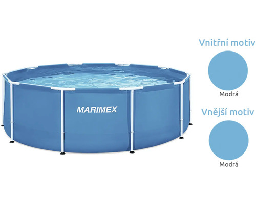 Kulatý bazén s konstrukcí Marimex s modrým vnitřním a vnějším motivem a bílým kovovým rámem.