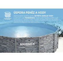 Nadzemní bazén Marimex s kamenným dekorem v zimě, Marimex Logo, informace o úspoře vody a peněz při zazimování.