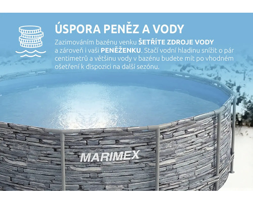Nadzemní bazén Marimex s kamenným dekorem v zimě, Marimex Logo, informace o úspoře vody a peněz při zazimování.