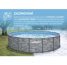 Nadzemní bazén Marimex Florida s dekorem kamene a Marimex Logo na zahradě, ilustrace možností zazimování venku nebo uložení.