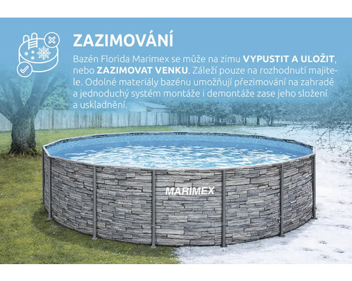 Nadzemní bazén Marimex Florida s dekorem kamene a Marimex Logo na zahradě, ilustrace možností zazimování venku nebo uložení.