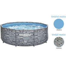 Kruhový bazén s konstrukcí Marimex s vnějším motivem kamene, kovovým rámem a modrou vnitřní fólií.
