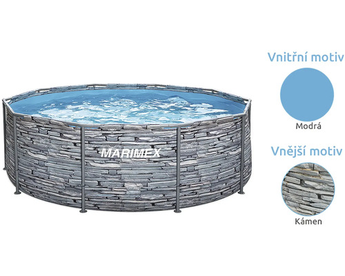 Kruhový bazén s konstrukcí Marimex s vnějším motivem kamene, kovovým rámem a modrou vnitřní fólií.