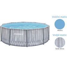 Kulatý rámový bazén Marimex s šedým dřevěným dekorem a modrou vnitřní fólií