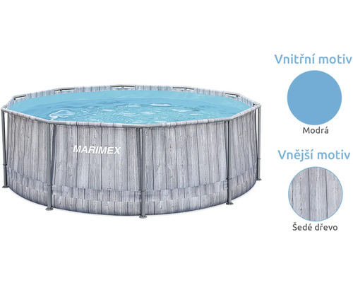 Kulatý rámový bazén Marimex s šedým dřevěným dekorem a modrou vnitřní fólií