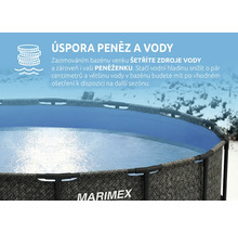 Kruhový nadzemní bazén v zasněžené krajině s informací o úspoře vody a peněz díky správnému zazimování. Marimex Logo.