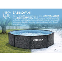 Nadzemní bazén Marimex Florida s ratanovým vzhledem, zobrazený na trávě a sněhu pro ilustraci možností zazimování venku nebo uskladnění.