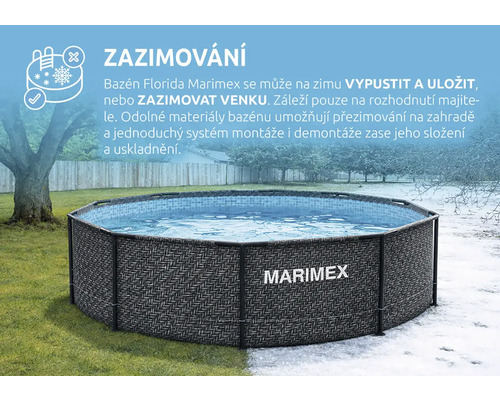 Nadzemní bazén Marimex Florida s ratanovým vzhledem, zobrazený na trávě a sněhu pro ilustraci možností zazimování venku nebo uskladnění.