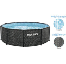 Kruhový nadzemní bazén Marimex s vnějším ratanovým dekorem, vnitřním mozaikovým vzorem a kovovým rámem.