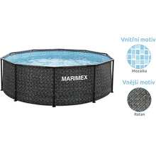 Kulatý bazén s konstrukcí Marimex s vnějším ratanovým vzorem a vnitřním mozaikovým motivem. Logo Marimex na boku.