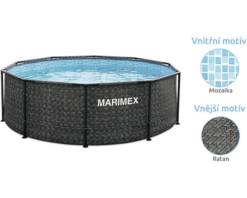 Kulatý bazén s konstrukcí Marimex s vnějším ratanovým vzorem a vnitřním mozaikovým motivem. Logo Marimex na boku.